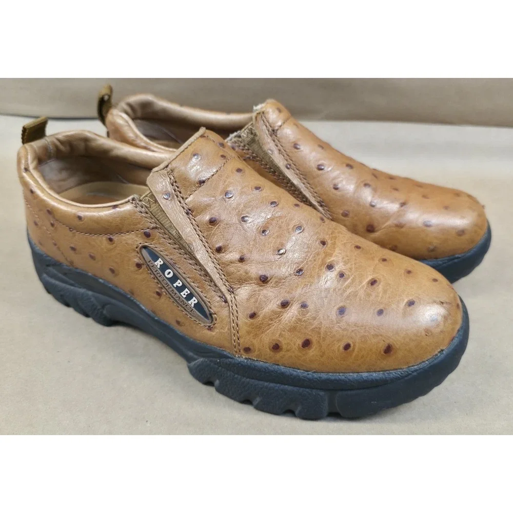 Roper Shoes Mens (Sz 8.5) Ostrich Print Leather Brown Slip On Work Boot